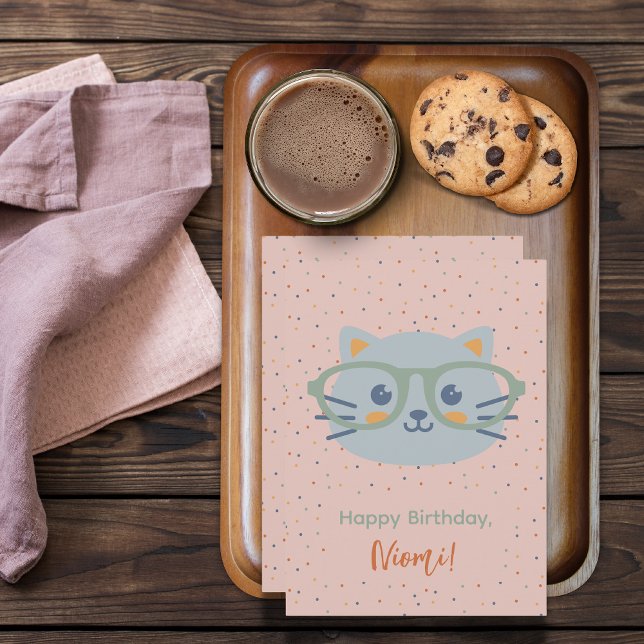 Fazenda de animais (Farm Animal Birthday Card Cat Pink Background Colorful Dots)