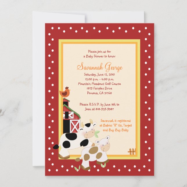 Fazenda Moo Barnyard Baby Shower Convites 5x7 (Frente)