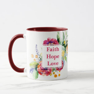 Fé Esperança Amor com flores de aquarela Caneca