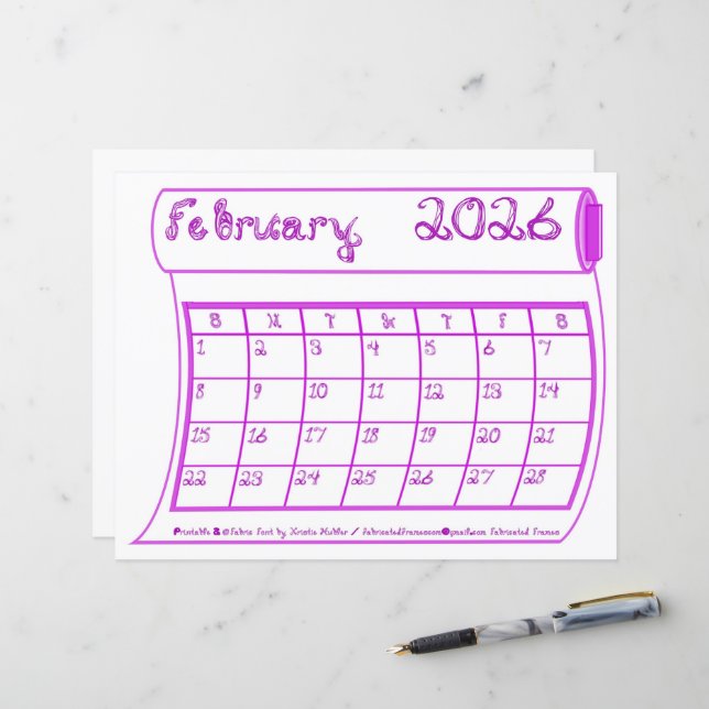 February 2026 Calendar Lilac Fabric Font Paper (Frente/Verso In Situ)