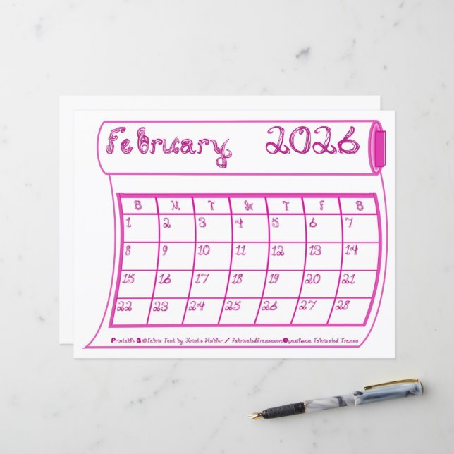 February 2026 Calendar Pink Bolt Fabric Font Paper (Frente/Verso In Situ)