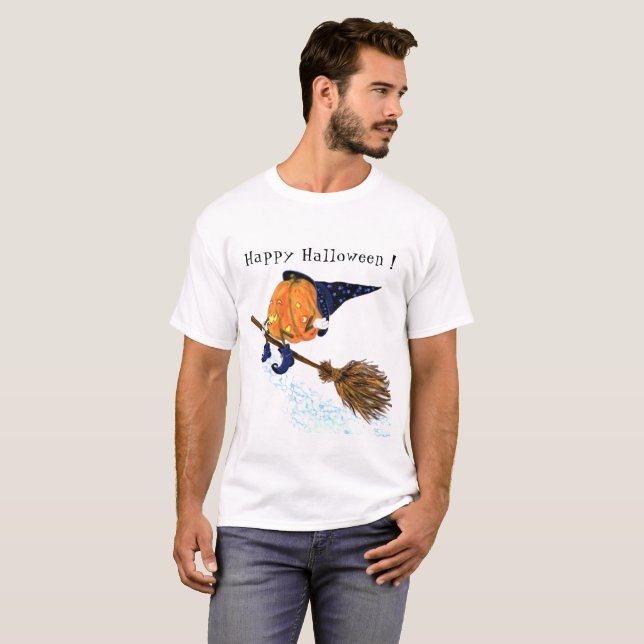 Feiticeira de camisa do Halloween Chocando vassour (Frente Completa)