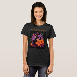 Feiticeira que se senta numa camiseta de abóbora
