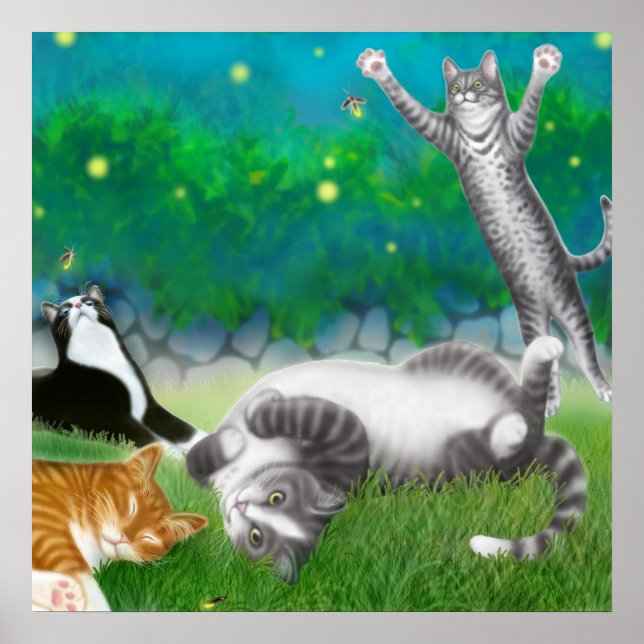 Feline Divertido com Fireflies Poster (Frente)