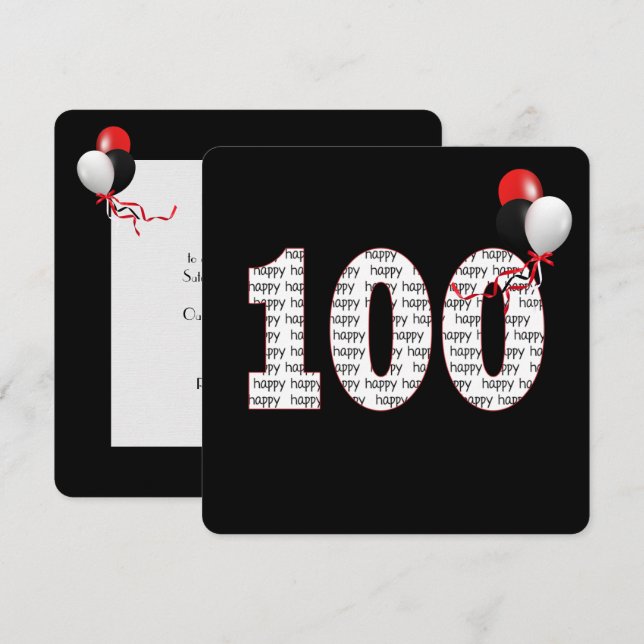 Feliz 100º Aniversário no Convite Preto (Frente/Verso)