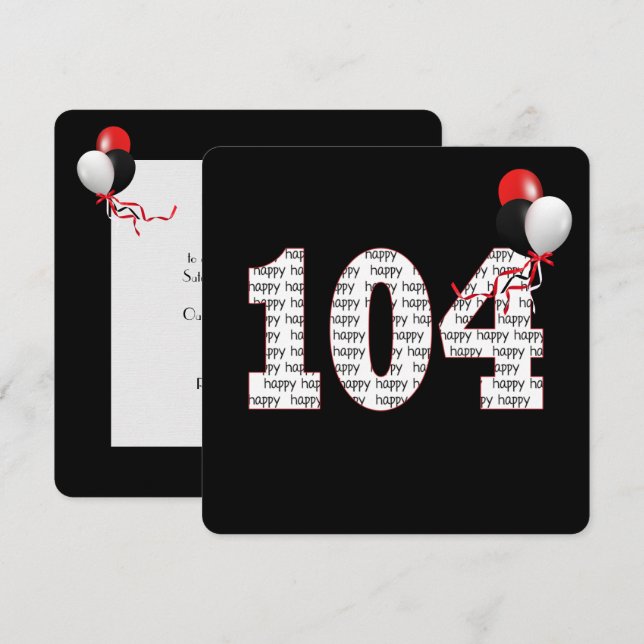 Feliz 104.º aniversário do convite preto (Frente/Verso)