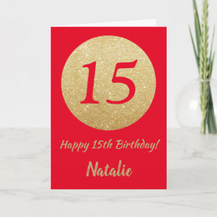 Feliz 15 Aniversário Vermelho e Dourado Cartão Lum