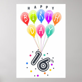 Feliz 16º aniversário com Poster de Balões Colorid