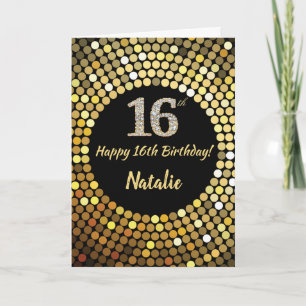 Feliz 16.º aniversário, preto e Dourado cartão