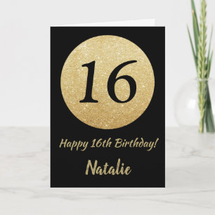 Feliz 16h Aniversário, preto e Dourado cartão br