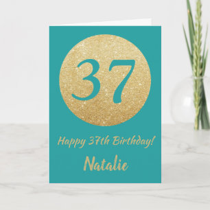 Feliz 37.º Aniversário, Teal e Dourado Cartão Lumi