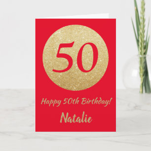Feliz 50º Aniversário Vermelho e Dourado Cartão