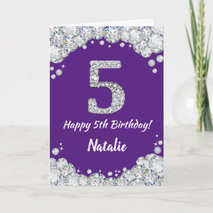 Feliz 5 Aniversário Roxo e Cartão de Lata Prateada