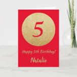 Feliz 5 Aniversário Vermelho e Dourado Cartão Bril<br><div class="desc">Feliz 5 de Aniversário Vermelho e Cartão Glitter Dourado com nome personalizado.Para mais personalização,  clique no botão "Personalizar" e use a ferramenta design para modificar este modelo.</div>