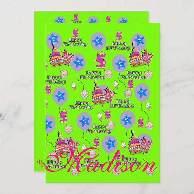 Feliz 5 de Aniversário Convite de Aniversário #5 V (Frente/Verso)