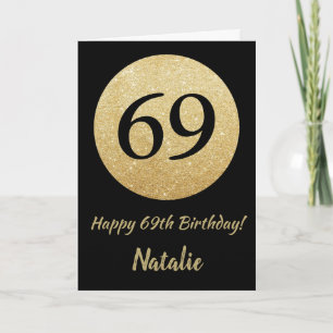 Feliz 69.º aniversário, preto e Dourado cartão bri