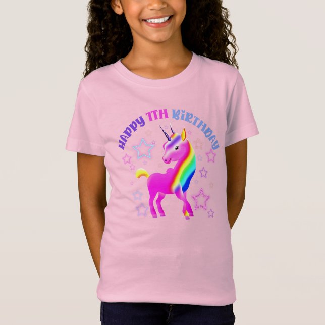 Feliz 7 Birthday Neon Unicorn T-shirt (Frente)