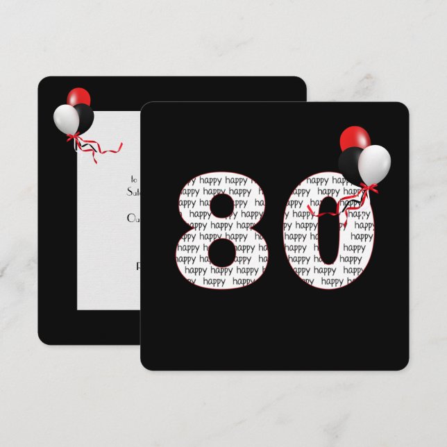 Feliz 80º Aniversário no Convite Preto (Frente/Verso)