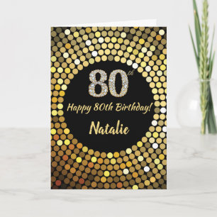 Feliz 80 Aniversário Preto e Dourado Cartão Bril