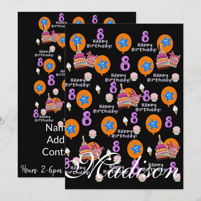 Feliz 8.º aniversário Convite Aniversário #8 Preto (Frente/Verso)