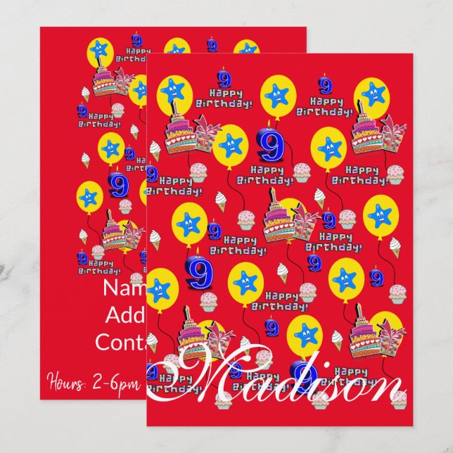 Feliz 9.º Aniversário Convite Aniversário #9 Verme (Frente/Verso)