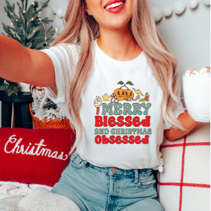 Feliz abençoada e camiseta de Natal feminina