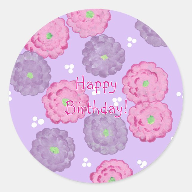 Feliz Aniversário, adesivos de flores rosa e roxas (Frente)