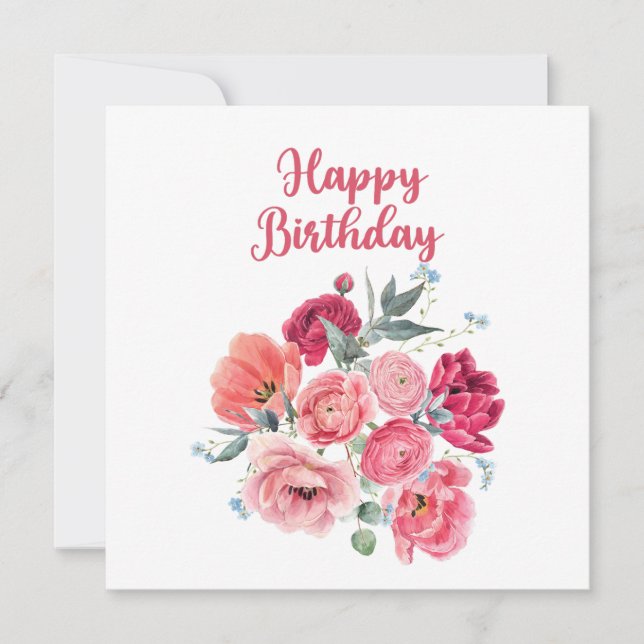 Feliz Aniversário Aquarela Flores Vermelhas e Rosa (Frente)