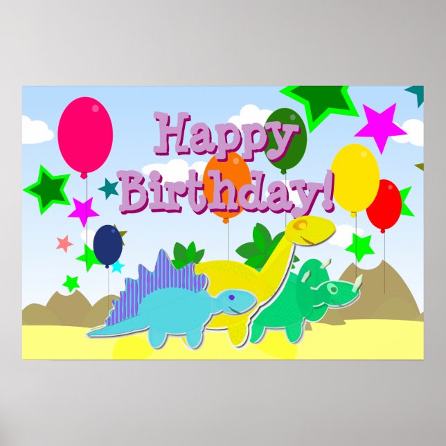 Feliz aniversário Balões Dinossauros Poster (Frente)