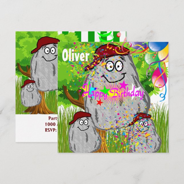 Feliz Aniversário Batata de Pedra Convite Balões (Frente/Verso)