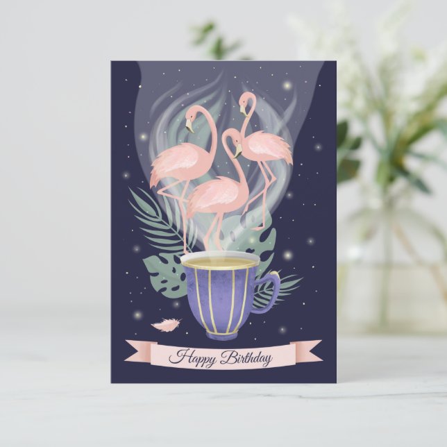Feliz Aniversário Bela Hora do Chá Flamingo Rosa (Em pé/Frente)