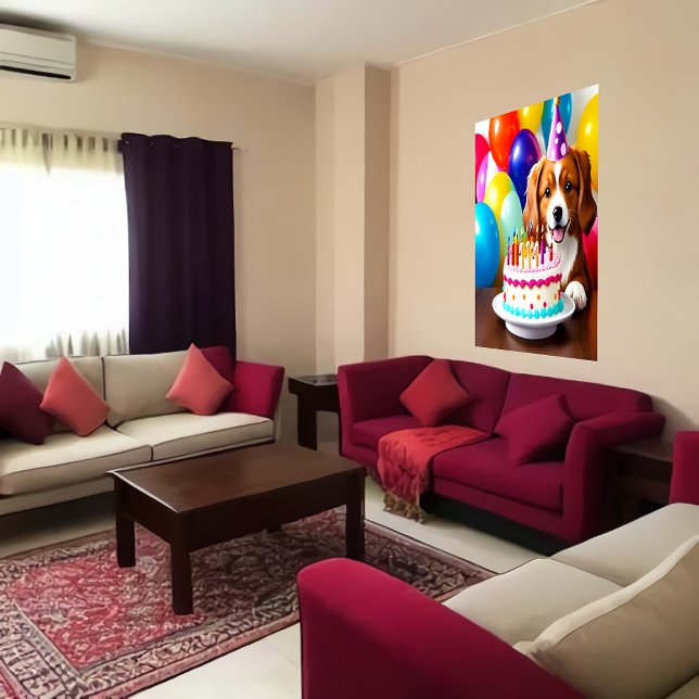 Feliz aniversário, cachorro e bolo | AI Art Poster (Criador carregado)