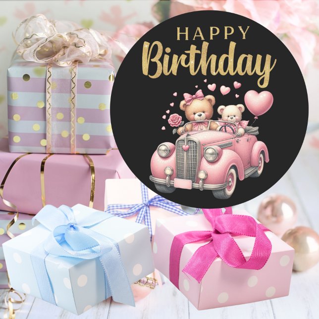 Feliz Aniversário Carro Rosa e Ursos Adesivo (Happy Birthday Pink Car and Bears Sticker Mockup 2)