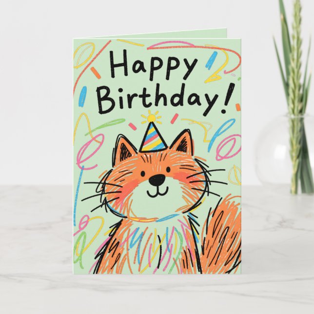 Feliz Aniversário Cartão de Gato Rabiscado Verde P (Frente)