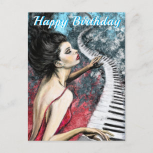 Feliz Aniversário Cartão Piano-Lady em Vermelho