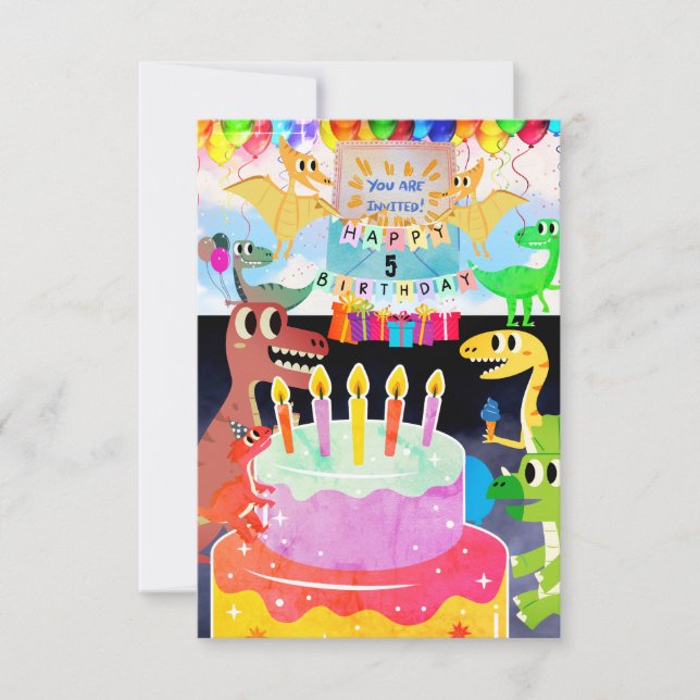 Feliz aniversário com convite para dinossauros (Frente)