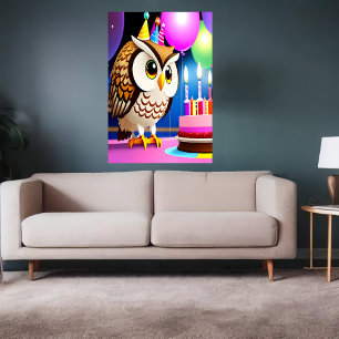 Feliz Aniversário, coruja, bolo AI Art Poster