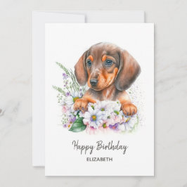Feliz aniversário | Dachshund e Florais de Aquarel