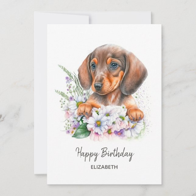 Feliz aniversário | Dachshund e Florais de Aquarel (Frente)