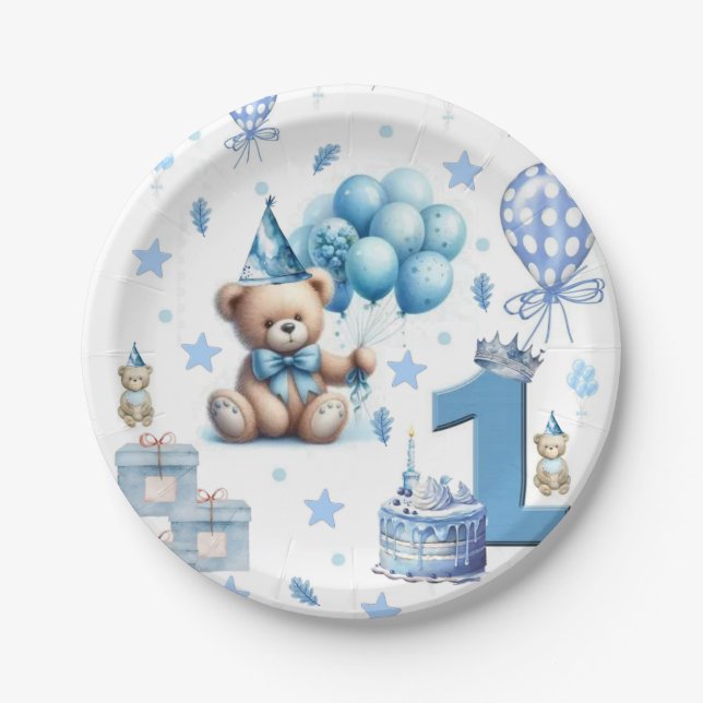Feliz Aniversário de 1º. Urso de Pratos de Papel A (Frente)