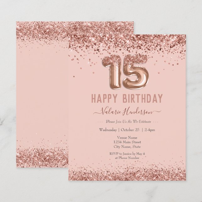 Feliz Aniversário de 15 de Feliz Brilho Rosa (Frente/Verso)