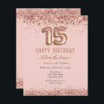 Feliz Aniversário de 15 de Feliz Brilho Rosa<br><div class="desc">Rapariga reluzente,  fundo cor-de-rosa milenar,  com tipografia de nome de script de rico. Texto do balão rosa dourado 15. Rosas rosa e borboletas na borda superior. Excelente para comemorações de marmelos.</div>