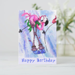 Feliz Aniversário - Engraçado Pink Flamingo Skier