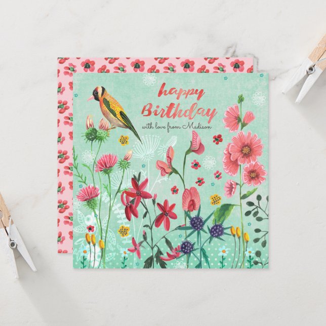 Feliz Aniversário Floral Flores | Cartão comemorat (Frente/Verso In Situ)