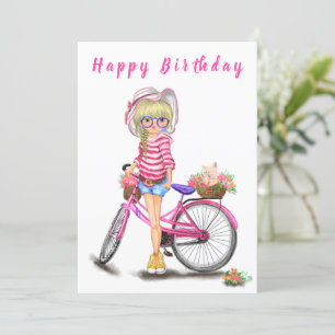 Feliz Aniversário - Menina Loura Bonita com Bicicl