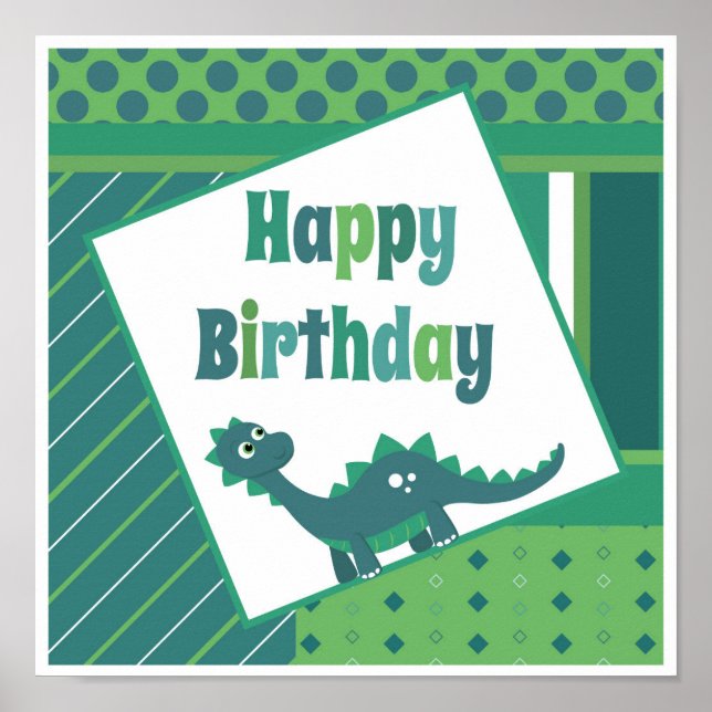 Feliz aniversário, poster de dinossauro verde/ azu (Frente)