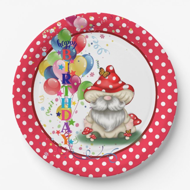 Feliz Aniversário Prato de Papel Gnome Cogumelo (Frente)