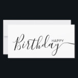 Feliz Aniversário White Black Modern Flat Card<br><div class="desc">Esta placa lisa moderna e elegante apresenta o texto preto Feliz Aniversário no lado frontal e no verso personalizá-lo com o seu nome ou nome de família. O fundo é de cor branca.</div>