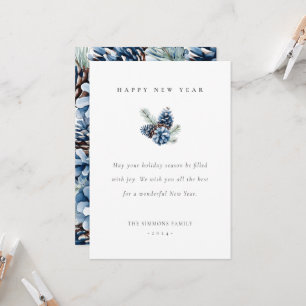Feliz Ano Novo Cartão Plano de Pinhas Azuis