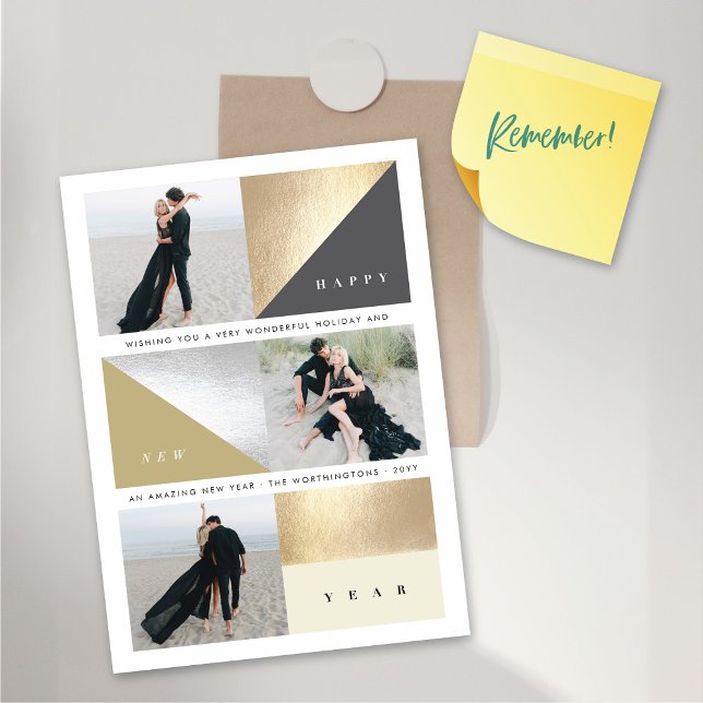 Feliz ano novo Dourado Blocks 3 Cartão Magnético d (Happy New Year Stylish Faux Gold / Silver Foil Blocks 3 Photo Magnetic Card @ fat_fa_tin)